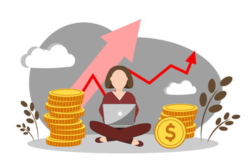Increasing income from freelancing. A woman works at home. Gold coins