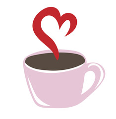 Hand drawn cup of coffee with heart shape aroma steam. Valentines day concept. Design element for cards, posters, banner