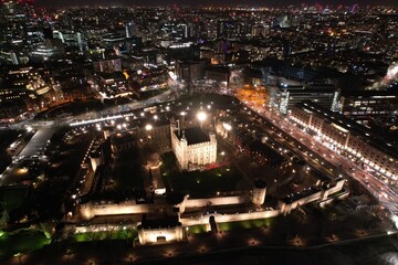 Tower of London drone aerial view at night 2022
