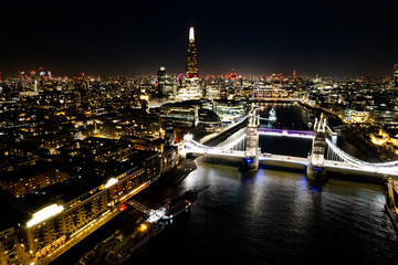City of London Tower bridge Butlers Wharf  view at night drone aerial 2022