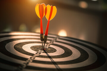 Fototapeta premium Bullseye target goal or dartboard has dart arrow throw hitting center shooting for financial business targeting planning to winner concept.