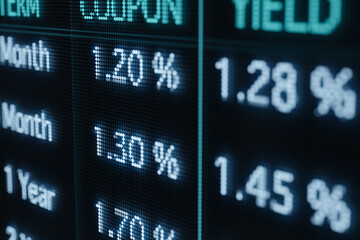 Fototapeta premium Bond market screen with rising yields and interest rates. Coupons, rates, yields and other informations are displayed. Interest rates concept. 3D illustration