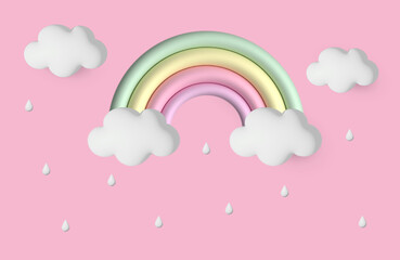 3D rendering rainbow, clouds and water drops in raining season 
