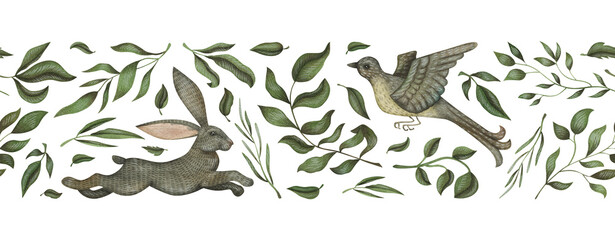 Watercolor seamless border with vintage bird, rabbit and foliage. Repeatable long frame for creative design