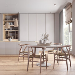 Minimalist contemporary bleached wooden dining room and kitchen in white tones. Island and table with chairs, parquet floor. Modern interior design