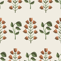 Obraz na płótnie Canvas Watercolor seamless pattern with vintage red flowers and foliage on a beige background for creative design