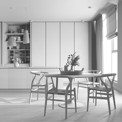 Total white project draft, minimalist contemporary wooden dining room and kitchen. Island and table with chairs, parquet floor. Modern interior design