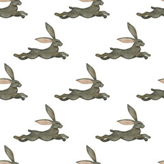 Watercolor seamless pattern with vintage grey rabbit. Minimalistic repeatable background for creative design