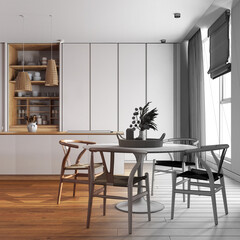Architect interior designer concept: hand-drawn draft unfinished project that becomes real, minimalist contemporary wooden dining room and kitchen. Modern style