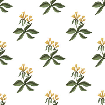 Watercolor seamless pattern with vintage yellow flowers. Minimalistic repeatable background for creative design