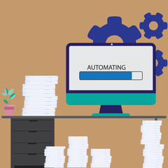 Computer on the desk with lots of paper documents illustration with the clear backside of the desktop representation the automation process