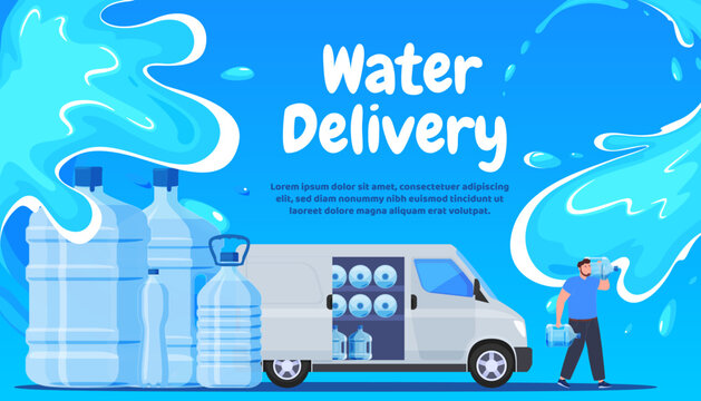 Banner of water delivery to people. A man carries drinking water on a bus. Vector illustration