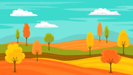 Gardinen autumn fall cartoon landscape background, vector illustration graphic © VecTerrain