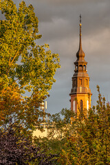 wieże katedry w Opolu między drzewami w pionowym kadrze - obrazy, fototapety, plakaty