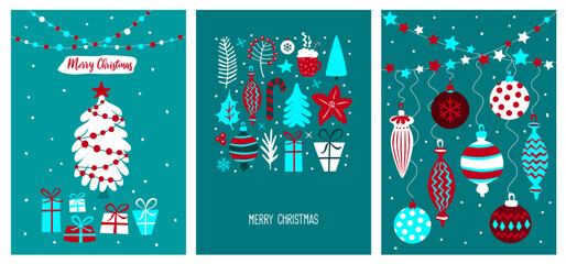 merry christmas xmas festive greeting card templates set with winter foliage pine trees and vintage decoration, vector illustration