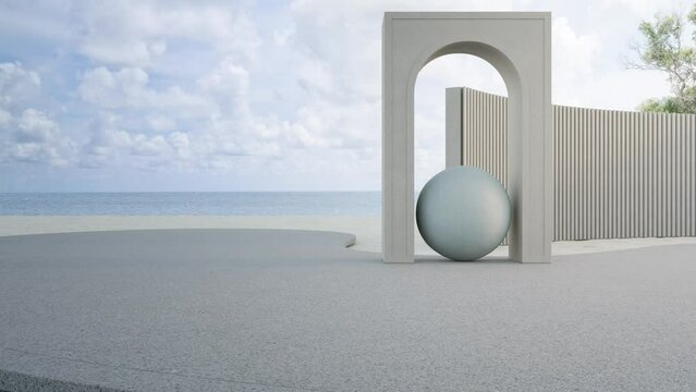 Empty gray concrete floor in sea view city park. 3d rendering of outdoor stage with beach and blue sky background.
