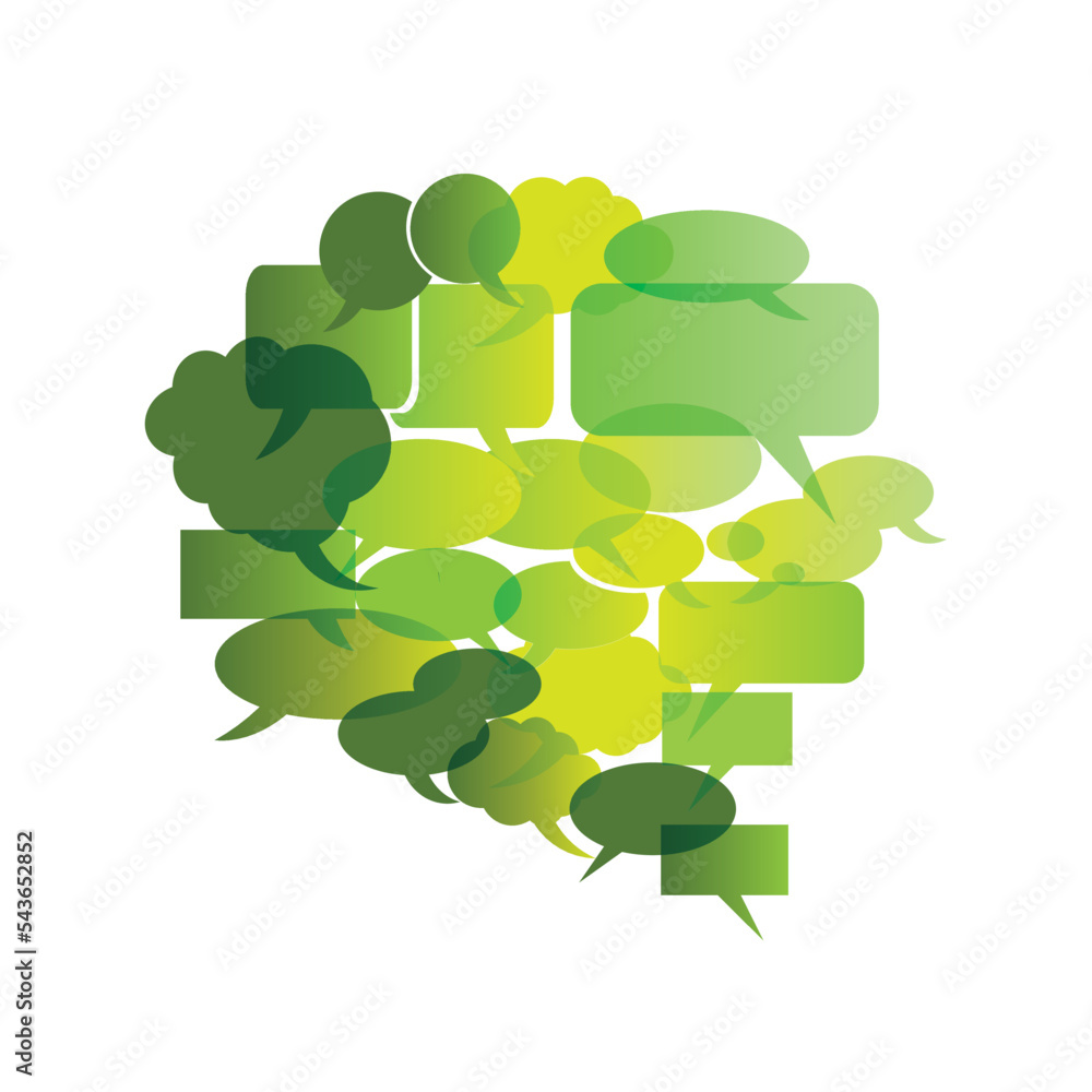 Poster big speech bubble made from small bubbles - design template with layered round boxes of shades of gr