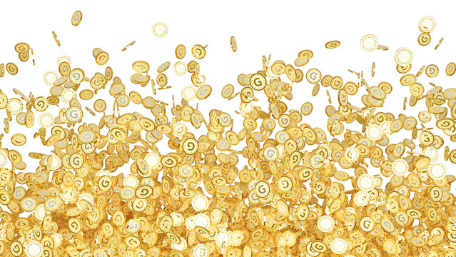 Gの文字（ゴールドの頭文字）が刻印されたたくさんの金貨の透過3DCGレンダリング画像