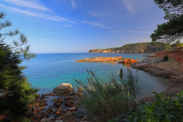 Tranquil view of S'illot des rencli near San Juan, Ibiza, Balearic Islands, Spain.