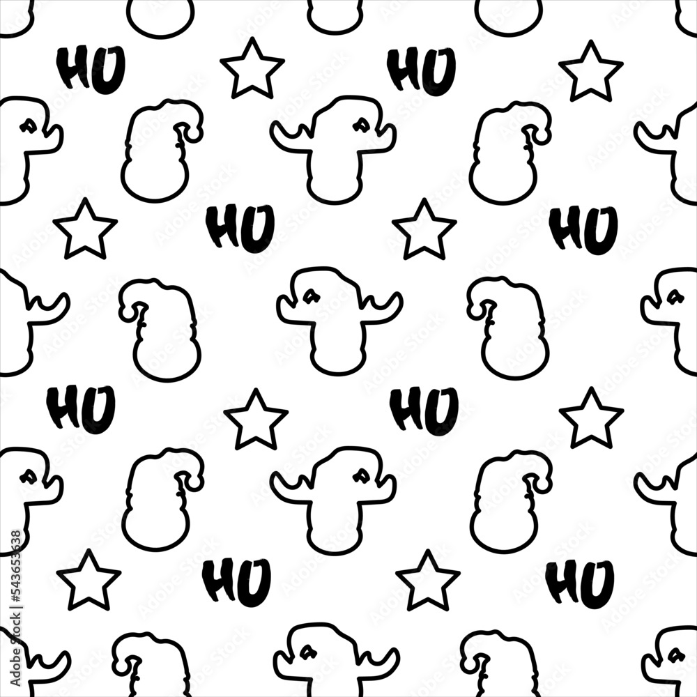 Wall mural Wrapping paper with outline character of santa claus, reindeer, stars and ho ho ho. Seamless pattern with santa and inscription ho on white background. New year concept. 