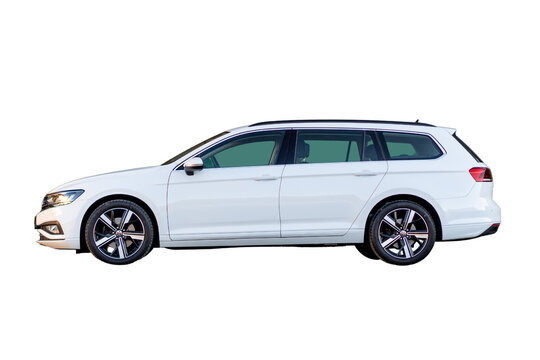 Cluj-Napoca, Cluj-Romania-10.02.2022-VW Passat, the year 2021 estate in white metallic color, isolated, no background, R line alloy wheels, and tinted windows, in various photo angles.