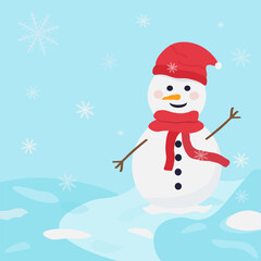Cute snowman illustration on blue background. Winter symbol, icon. Christmas or New Year greeting card design element.