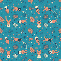 Seamless pattern with rabbits cosmonauts explore universe. Perfect futuristic print for tee, textile and fabric. illustration for decor and design.