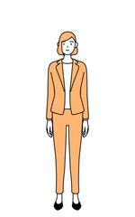 手を体の正面で組むスーツ姿の女性のシンプルな線画イラスト