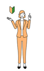 若葉マークを示すスーツ姿の女性のシンプルな線画イラスト