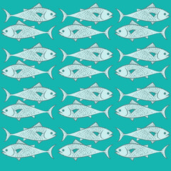 Obraz premium Seamless pattern with sea fish, Fish on color background, Concept pattern for card, header, invitation, poster, social media, post publication, decorate restaurant, PNG background. 