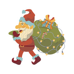 Santa dragging a very big bag with gifts new year christmas vector character