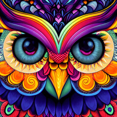 Colorfull Owl head, close up eyes, illustration mascot. Rendered Computer Generated image AI