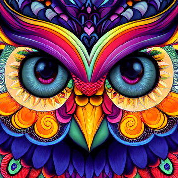 Colorfull Owl head, close up eyes, illustration mascot. Rendered Computer Generated image AI