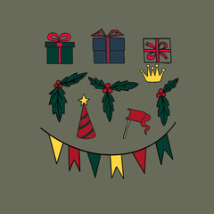 christmas greeting card garland with flags,boxes packed with gifts,a cone hat with an asterisk,a crown,a New Year's print,a Christmas print, a birthday print,christmas berries and leaves,a Christmas 