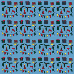 garland with flags,boxes packed with gifts,a cone hat with an asterisk,a crown,a New Year's print,a Christmas print, a birthday print,christmas berries and leaves,a Christmas leaf pattern with letters