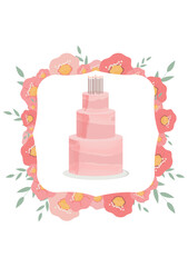 vector with pink bunk cake in floral frame. illustration of a wedding invitation card, birthday with a delicate cake with pink strokes