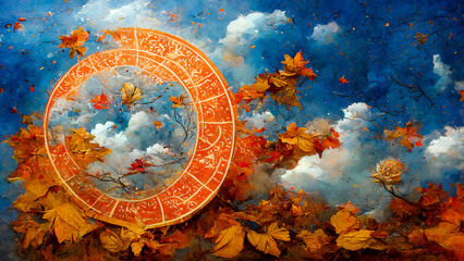 The zodiac is located in the sky during autumn, and is used to predict a person's horoscope. This time of year features fall leaves and astrological symbols.