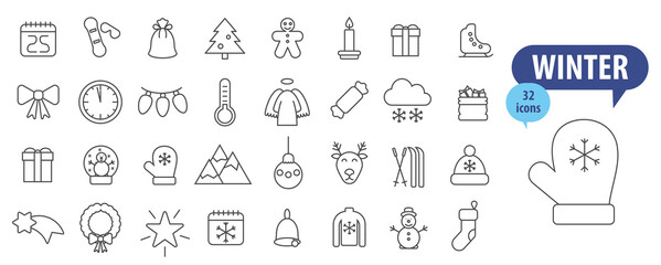 Set of Christmas and New Year icons. Collection of vector outlines for Christmas and seasonal greetings.