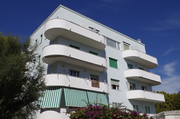 Ostia, Rome, Italy - July 20, 2022, view of a building with a rationalist structure, on the...