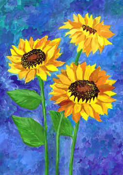 A bouquet of sunflowers on a blue background. Children's drawing