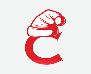 Vector logo for Christmas. greeting card with christmas red hat with letter C.