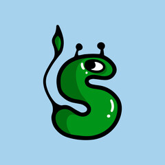 green funny letter S in the form of a monster with a face, tail and ears of the devil snake, cheerful and surprised, with shadow and highlights, doodle