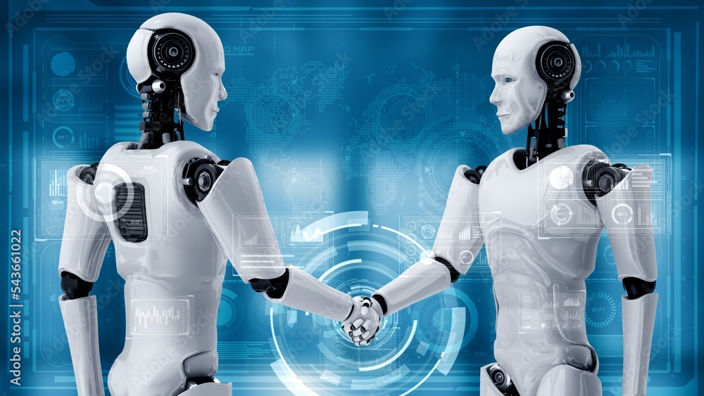 Poster 3d rendering hominoid robot handshake to collaborate future technology development by ai thinking br