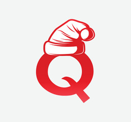 Vector logo for Christmas. greeting card with christmas red hat with letter Q.