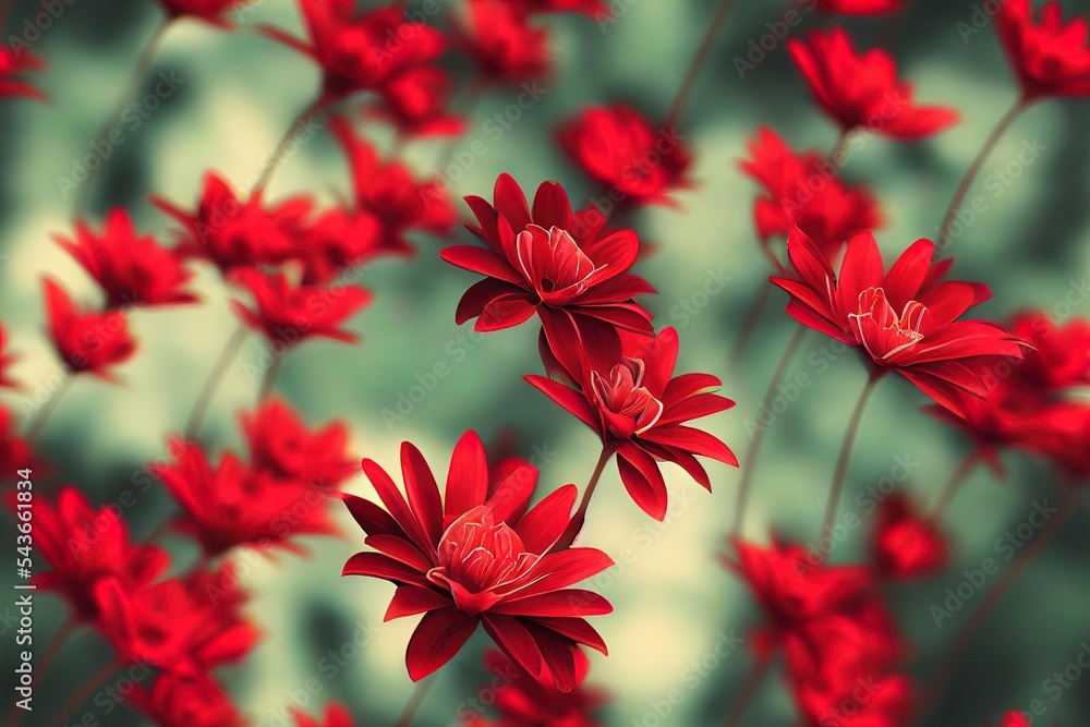 Poster a bunch of red flowers that are in a field, red daisies and the word of the day is in a blurry image