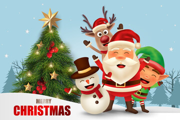 Fototapeta na wymiar Merry Christmas and happy new year. Christmas tree with Elf, Santa Claus, Snowman and Reindeer in winter season. -Vector 