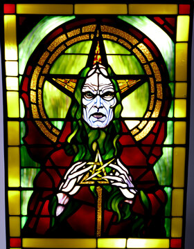 Wiccan renaissance baphomet satanist  sorcerer satanistic church stained glass