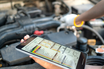 Using the vehicle checklist guideline on the digital tablet during perform preventive maintenance with car engine part as blurred background. Service and maintenance working action scene. - obrazy, fototapety, plakaty
