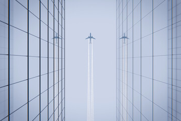Airplane jet fly over skyscrapers with glass windows and reflections on a mist day. Aircraft chemtrails. Realistic 3D rendering