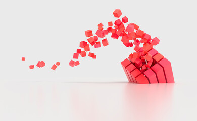 Abstract creative modern red and white 3D background a three-dimensional cube lying on its side and exploding small cube particles flying out of it. 3d illustration